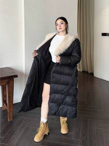 Flirla 大码女式拼布毛绒领长袖长款休闲加厚棉衣，冬季保暖服装 - 黑色 - 查看 8