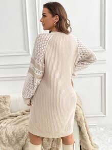SHEIN LUNE 加大码蕾丝拼布罗纹柔软女性休闲日常运动衫连衣裙感恩节女式新年 - 卡其色 - 查看 2
