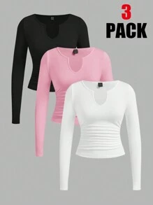SHEIN EZwear Bộ 3 áo thun dệt kim dài tay cổ chữ V có dây rút eo nhún dành cho nữ, đầu thu - Hồng - Xem 1
