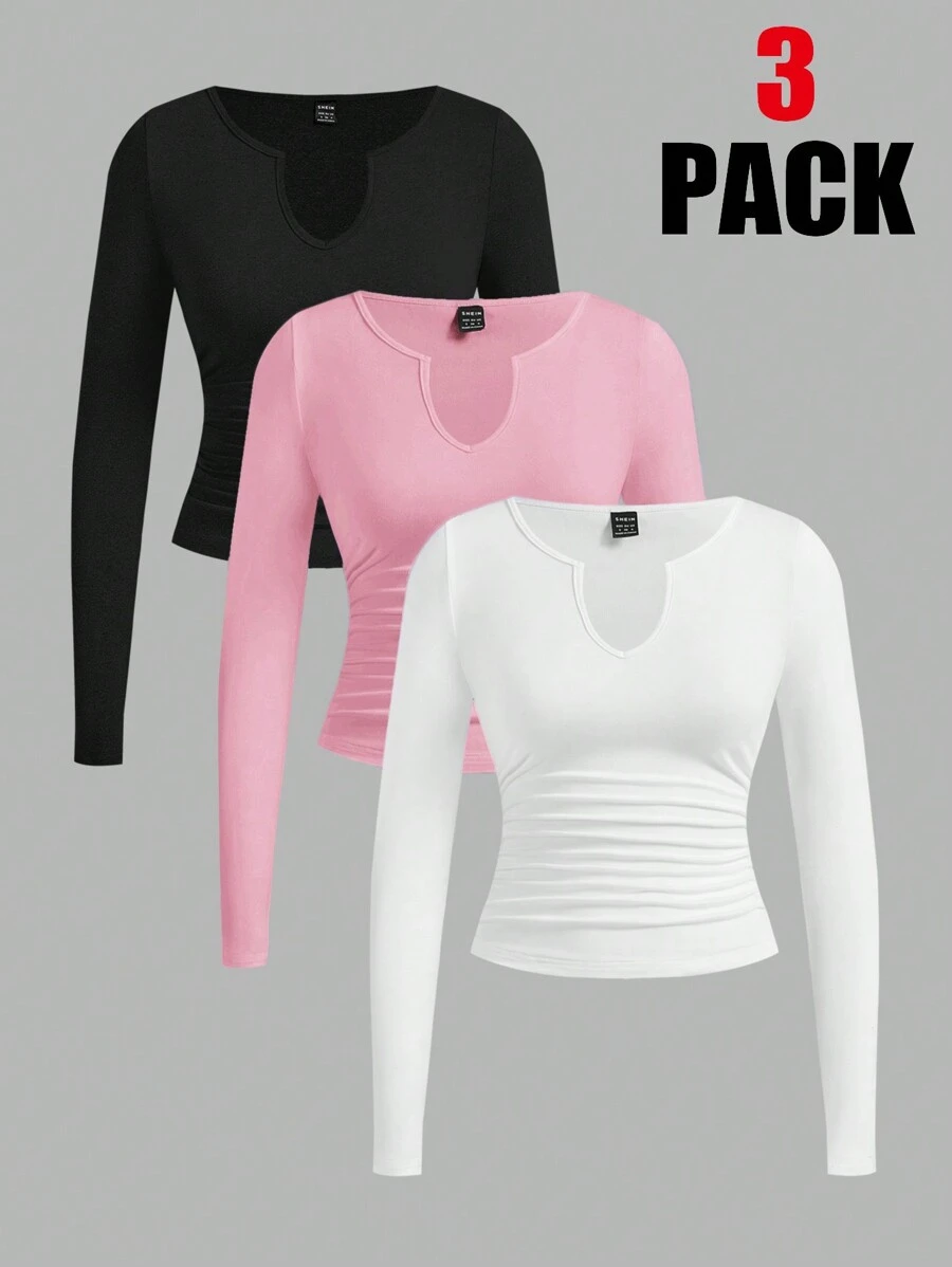 SHEIN EZwear Bộ 3 áo thun dệt kim dài tay cổ chữ V có dây rút eo nhún dành cho nữ, đầu thu - Hồng - Xem 1
