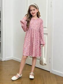 SHEIN Tween 女童休闲扎染印花荷叶边下摆灯笼袖圆领宽松 A 字针织华夫格连衣裙，粉色，适合秋冬季