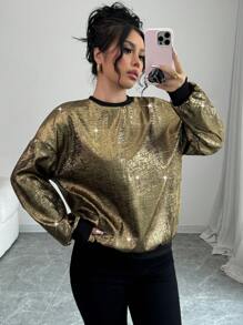 Chiquease 2024秋季新款女士宽松长袖卫衣，金色箔印图案，中长款，适合新年假日派对穿着。 - 金色 - 查看 1