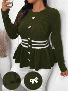 Calvaya Sweater Rajut Kasual Lengan Panjang Leher Bulat Ukuran Besar dengan Hiasan Pita, Cocok untuk Musim Gugur dan Musim Dingin. - Hijau Tentara - View 7