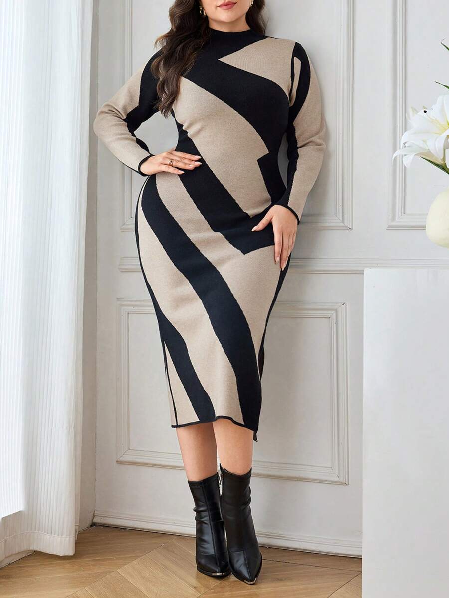 Modelyn Váy len thanh lịch dài tay cổ tròn kẻ sọc cỡ lớn cho nữ, mùa thu/đông - Nhiều màu - Xem 1