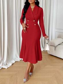 SOLERSUN 优雅女士双排扣西装领连衣裙新年衣服长款女士服装 - 紅色 - 查看 1
