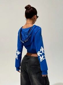 StreetHx Áo hoodie ngắn tay có khóa kéo họa tiết Gothic dành cho nữ, phong cách đường phố, mùa thu - Màu xanh lam - Xem 2