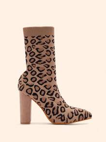 CUCCOO BASICS Women's Pointy Toe Chunky Heel Leopard Print Slip-On Elastic Knit Sock Boots, Mid-Calf Short Boots Spring Shoes Spring Break Easter