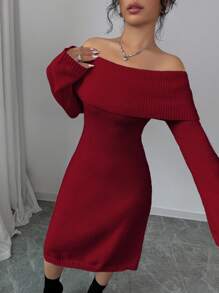 Elenzga 1 件女式露肩长袖针织保暖 A 字形下摆毛衣连衣裙，秋冬 - 酒紅色 - 查看 6