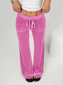 SHEIN EZwear Quần ống loe buộc eo nhung hồng cho nữ - Hồng - Xem 4