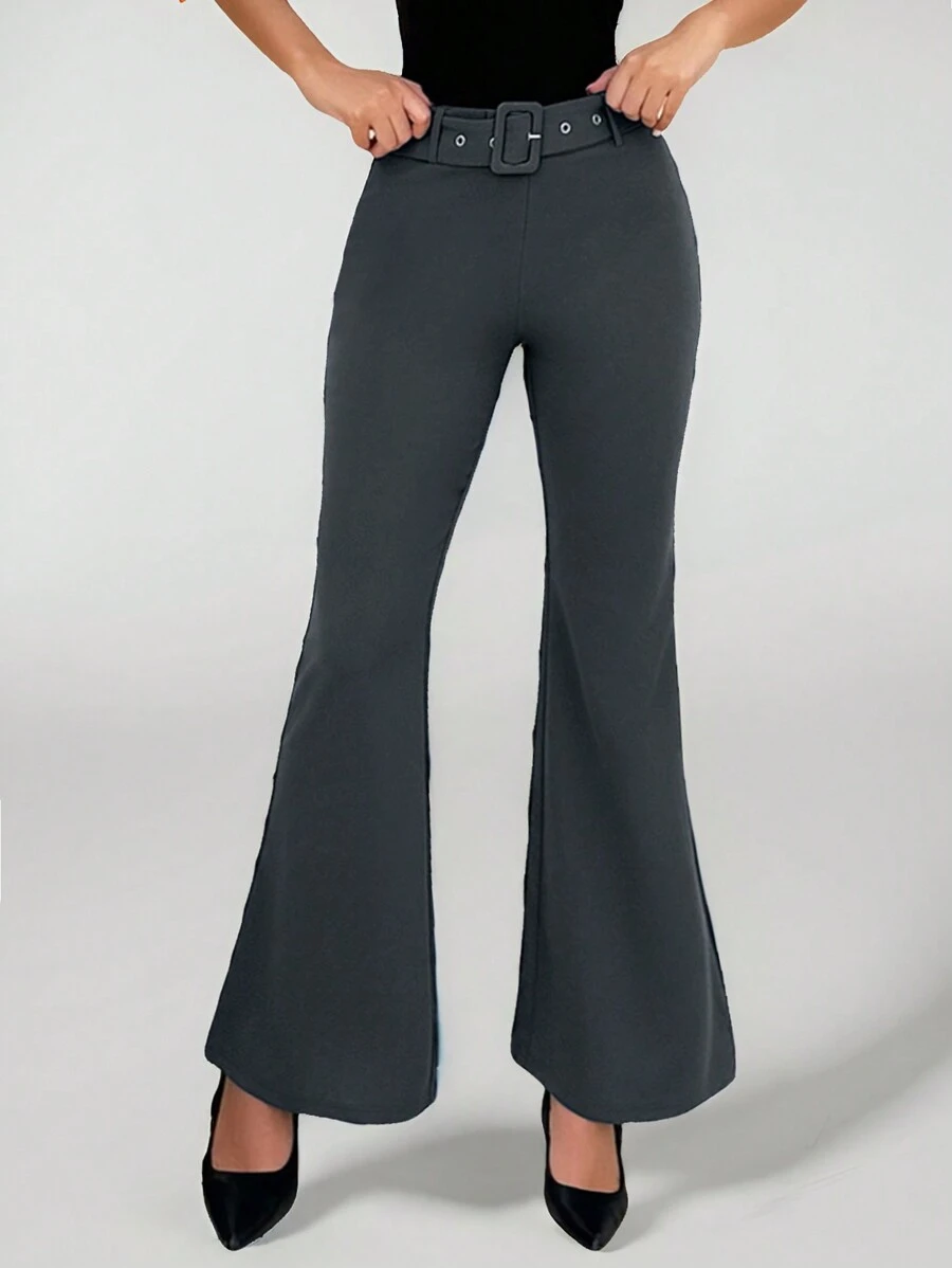 SHEIN Tall Quần ống loe co giãn có thắt lưng dành cho nữ - Xám - Xem 1