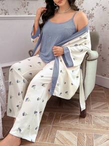 CottageSlumber Plus Size Women Wrinkled Floral Print Cami Top And Belted Robe And Pants Lounge Pajama Set, Cozy And Elegant Details, Fall Winter Clothes - Blue - View 3