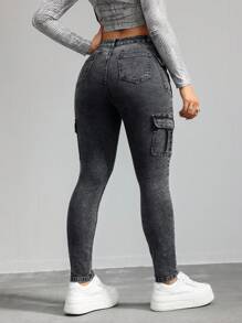 SHEIN ICON 女士休闲紧身弹力七分牛仔裤，黑色 - 黑色 - 查看 2