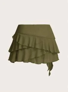 SHEIN ICON Women's Multi-Layer Ruffle Trim Low Rise Y2K Mini Black Skirt - Army Green - View 2