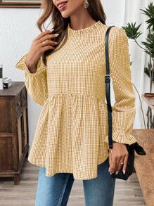 SHEIN LUNE Neckline Ruffle Hem Gingham Long Sleeve Casual Blouse With Frilled Edges On The Sleeves And Collar