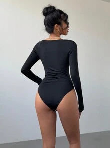 Aloruh 1 pieza Body elegante sexy de mujer con cuello en V, detalles de encaje, bloqueo de color y lazo hecho a mano, de manga larga, color negro