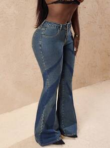 Slaydiva Women's Fashion Color Block Skinny Flare Jeans - Blue - View 2