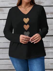 EMERY ROSE Camiseta negra de manga larga con cuello en V, estampado de corazón de bordado falso, talla grande, informal, adecuada para otoño/invierno - Negro - Ver 3
