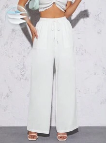 SHEIN PETITE Drawstring Waist Wide Leg Trousers - White - View 3