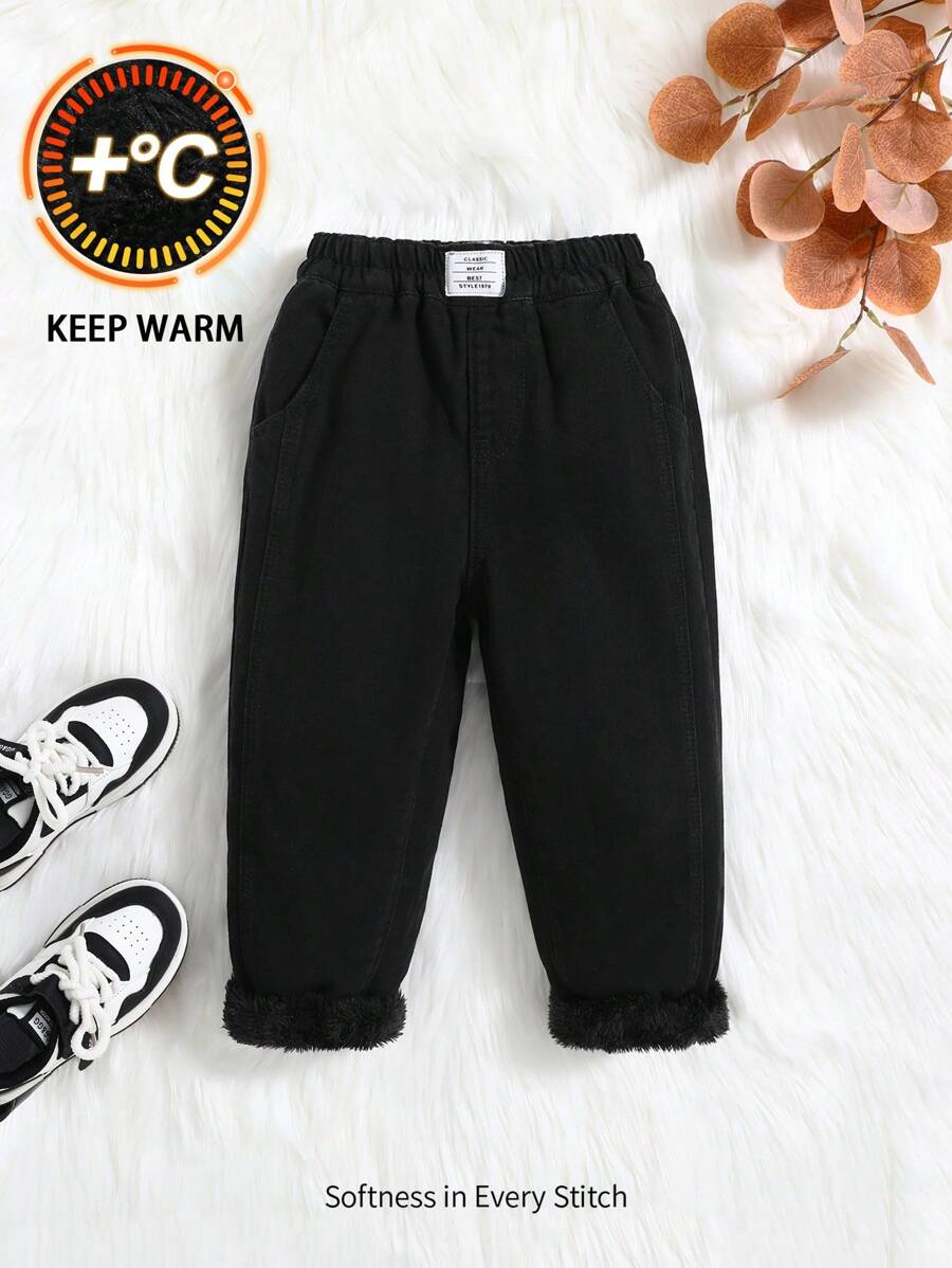 Cozy Pixies Young Boys' Fall Winter Solid Washed Black Thermal Lined Warm Baggy Denim Jeans,Young Boys Back To School Clothes Outfits