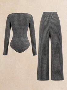 SHEIN Frenchy Set de 2 piezas de body acanalado gris y pantalones, conjunto de entrenamiento cómodo, chándal, estilo informal, body de manga larga y pantalones de pierna ancha, esenciales básicos de otoño e invierno, pantalones holgados, manga larga, ropa de invierno