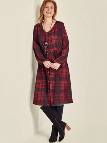 SHEIN Clasi V-Neck Single-Breasted One-Piece Long Sleeve Plaid Dress Fall Cloth For Women - Red - View 3