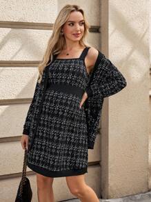 SHEIN 2pcs/Set Maternity Outfit With Jacket And Dress, Rough Fabric-Like Printed Pattern, Autumn - Black - View 3