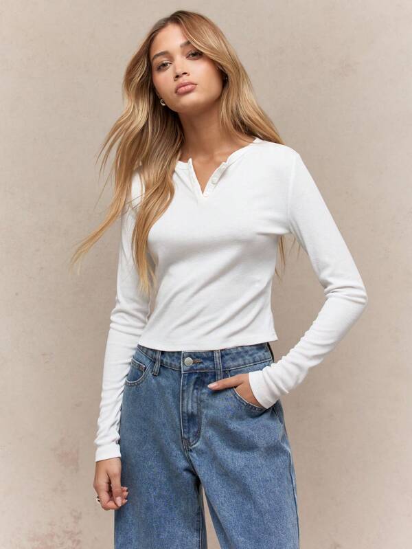 MISSGUIDED Top cu nasturi cu gât rotund cu mâneci lungi