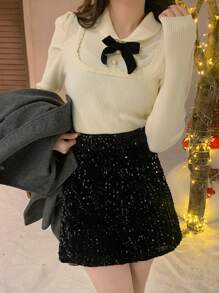 Livesso Chân váy ngắn đính sequin lấp lánh, màu trơn, sang trọng cho các bữa tiệc Giáng sinh, trang phục mùa thu đông, váy nữ, trang phục năm mới, lễ hội. - màu đen - Xem 9