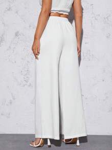 SHEIN PETITE Drawstring Waist Wide Leg Trousers - White - View 2