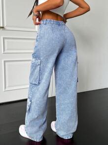 SHEIN PETITE Jeans anchos y amplios de algodón para mujer, con diseño sexy, pantalones cargo para mujer, pantalones color rosa intenso, pantalones para homecoming, jeans anchos, jeans anchos para mujer, jeans de tiro bajo