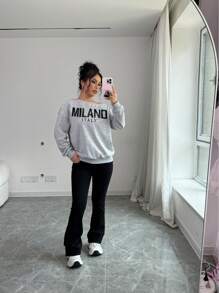 Chiquease Sudadera holgada de manga larga con estampado de letras, de cuello diagonal caído y tejido versátil y casual, para otoño/invierno