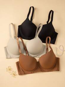 3 件套加大码纯色细肩带简约休闲无钢圈文胸套装，提升型 - 彩色 - 查看 1