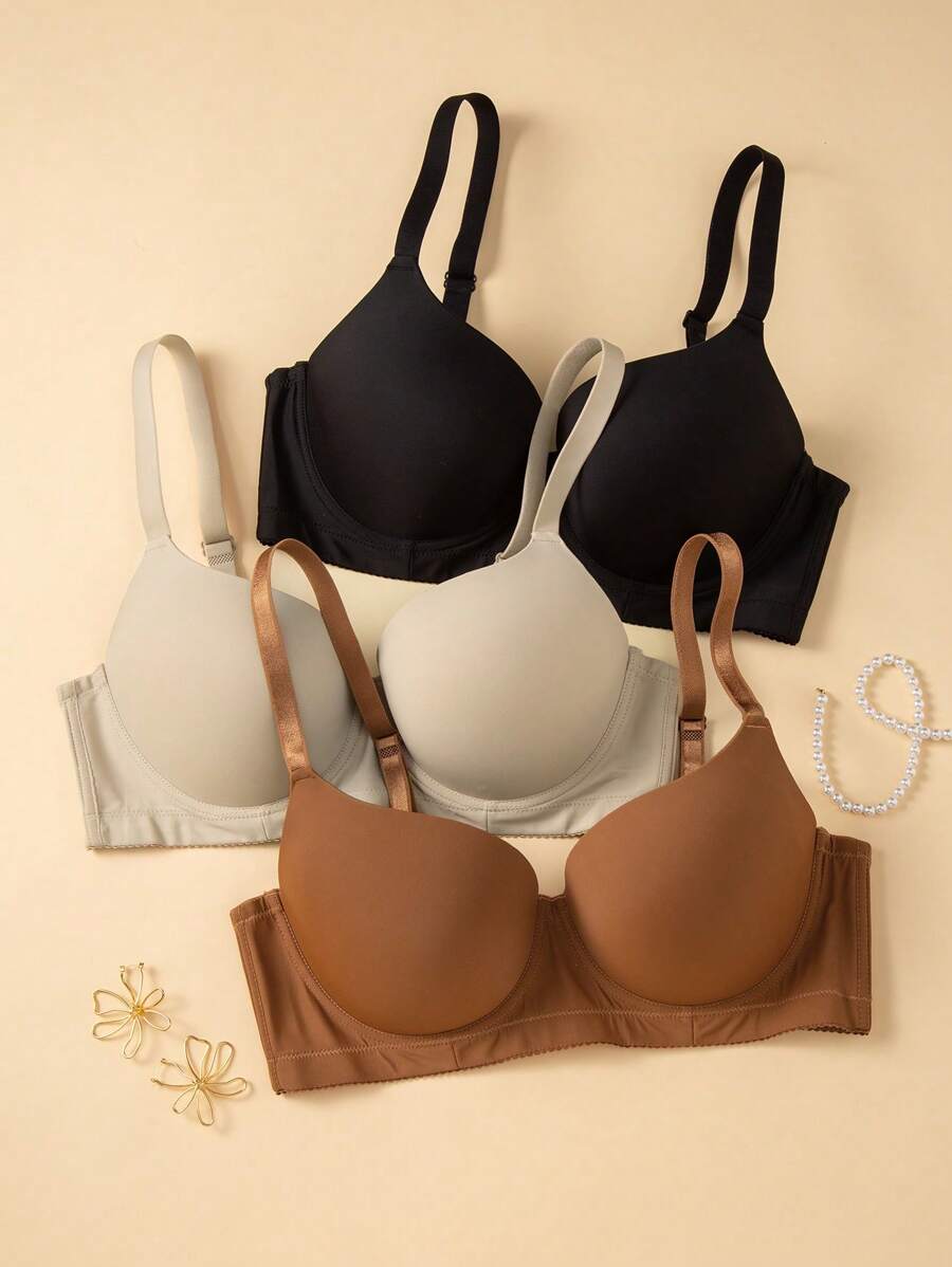 3 件套加大码纯色细肩带简约休闲无钢圈文胸套装，提升型 - 彩色 - 查看 1