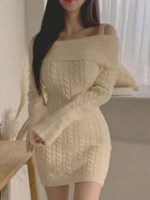 DAZY Women Fluffy Off Shoulder Strap Long Sleeve Bodycon Sweater Dress, Warm And Cozy