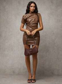 SHEIN BAE Women's Autumn/Winter Chocolate Brown Sexy Asymmetrical Neck Asymmetric PU Leather Mini Dress, Suitable For Office, Outdoor, Lining Or Standalone, Cocktail Party, Retro, Base, Valentine's Day, Holiday, Outfits, New Year's Eve, Sexy, Rhinestone, Elegant, Cocktail Dress, Nightlife, Going Out, Commuting, Dating, Afternoon Tea, Party, Fall, Winter
