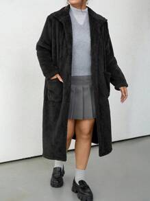 SHEIN EZwear Plus Size Effen Kleur Lange Mouw Zak Casual Hoodie