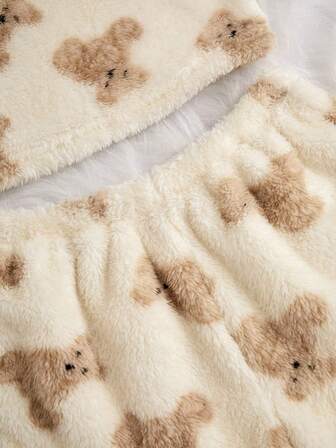 女士小熊印花背心短裤睡衣套装，蓬松舒适的冬季服装