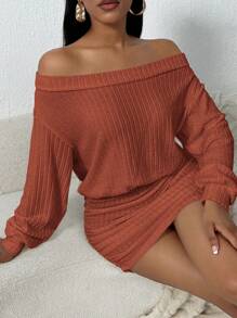 SHEIN SXY 1 件女式露肩纯色长袖简约褶皱下摆短裙 - 棕色 - 查看 4