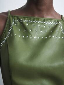 Maija Nuevo vestido mini urbano y elegante para mujer de otoño/invierno, con tirantes de PU, decoración de strass, de color verde musgo, para uso casual diario