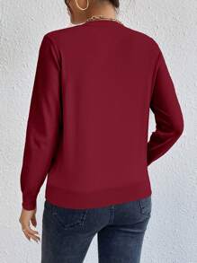 SHEIN Essnce Áo len dệt kim dáng rộng cổ chữ V màu trơn dài tay cho nữ, mùa thu/đông - Màu Hoa hồng đỏ - Xem 2