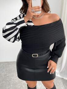 SHEIN Privé Plus Size Elegant Vintage Academic One Shoulder Asymmetrical Shoulder Long Sleeve Knitted Patchwork Monochrome Heterogeneous Patchwork Holiday ; Elegant Office Fairy Lady Top - Black and White - View 4