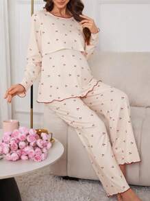 Maternity 2pcs Cherry Print Nursing Design Pajamas Set With Contrasting Lettuce Trim , Cozy And Elegant Details, Clothes, Fall & Winter