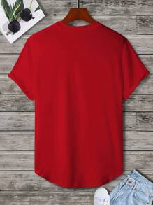 Manfinity Homme 男士圆领短袖字母图案印花休闲 T 恤 - 紅色 - 查看 2