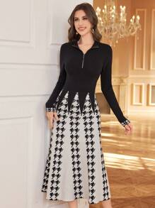 Modelyn 1 chiếc váy len dệt kim dài tay màu khối khóa kéo phía trước cho nữ - Đen và trắng - Xem 3