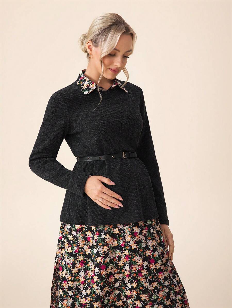 SHEIN طقم حوامل مكون من 2 قطعة ، ملابس علوية بأكمام طويلة وحشوة على الكتف بلون جامد ، و فستان بتصميم قماش مزهر على الهيم مع شق ، للخريف