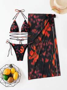 Conjunto de 3 piezas de traje de baño para mujer: traje de baño sexy con estampado de teñido anudado y falda maxi de playa de verano