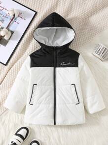 1件男童休闲连帽羽绒服，冬季保暖休闲款 - 黑白双色泰迪绒拼接羽绒服，适合冬季保暖、返校、日常穿着、圣诞节、生日派对、基础百搭、万圣节等场合，简约舒适。 - 黑與白 - 查看 5