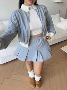 SHEIN Unity 女士针织套装，有领长袖夹克和百褶裙，修身款，秋冬 - 灰色 - 查看 6