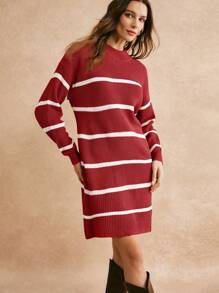 Poéselle 女士条纹圆领落肩长袖休闲针织毛衣连衣裙，秋冬 - 彩色 - 查看 2