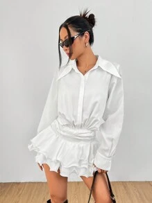 SHEIN PETITE Women's Holiday Daily Pointed Collar Chiffon Lining Ruffle Shirt Ultra Short White Shirt Dress Suitable For Commuting And Dating - White - View 3
